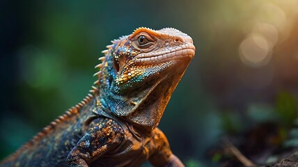Fototapeta premium Captivating water dragon lizard portrait exhibiting stunning scales and colors