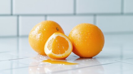 Fresh juicy oranges on a white surface