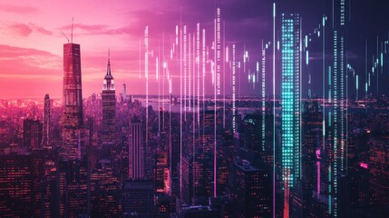 Fototapeta premium Digital cityscape of new york city at sunrise overlaid with financial data.