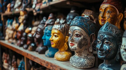 Fototapeta premium Shelf of Painted Cultural Bust Statues