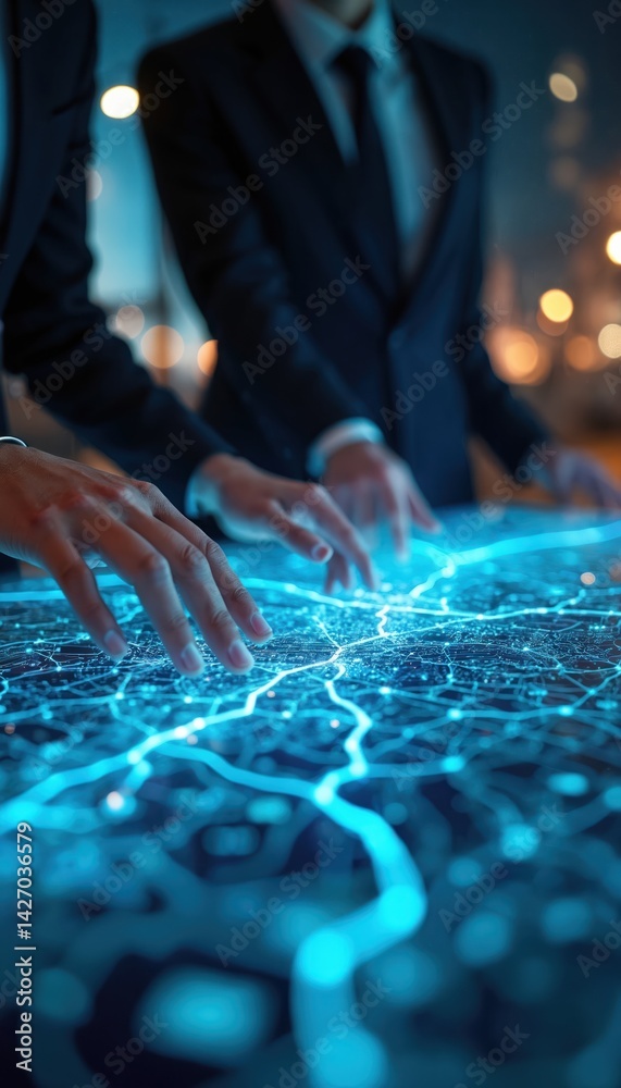 Aufkleber Businessmen use futuristic interface, explore network of digital data connections. Hands interact with glowing map, tech innovation concept. Data visualization, information technology application.