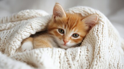 Adorable ginger kitten cozy in white blanket