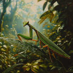 Close-up illustration of a green, yellow, and black praying mantis on a wet leaf in a lush, tropical setting Realistic style with attention to detail in texture and shading - AI-Generated