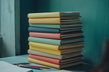 Stack Of Notebooks Pencils And Erasers Neatly Arranged