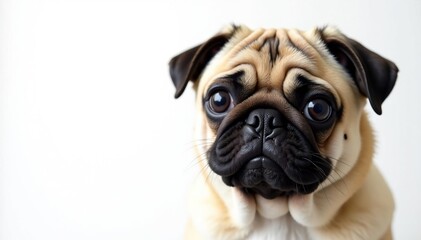 Close-up of a pug's face, pure white backdrop, studio, cute