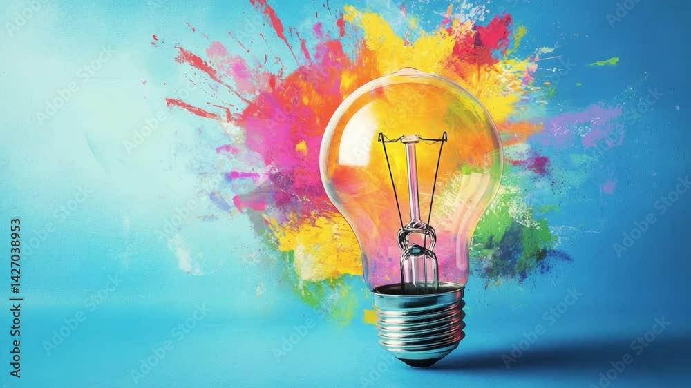 Poster illuminating imagination: a light bulb bursts forth with vibrant colors, signifying innovation and i
