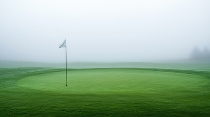 Obraz premium Foggy morning golf course scene with spectral figures swinging tranquil environment high-resolution gigapixel view