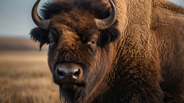 Close up portrait of majestic american bison in natural habitat