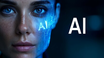 Young caucasian female with digital face overlay and ai text