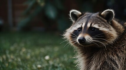 Portrait of a wild raccoon in a garden with blurred green background