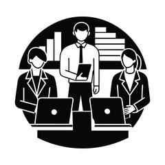 Modern flat design vector illustration of a diverse business team working together in an office with laptops, charts, and documents, professional and clean look