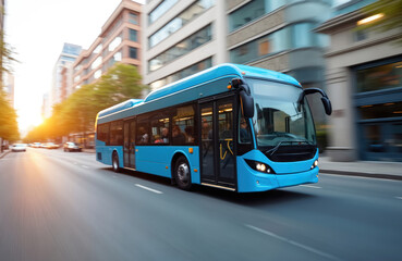 Blue bus moves on road. City street, early morning. Public transport, urban commuting. Bus with passengers. Transportation, travel, speed, motion, driving, vehicles. Modern city, daily life, tourism,