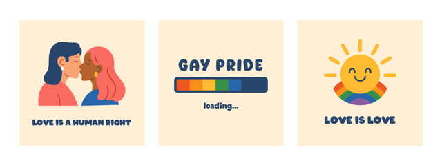 Vector set of LGBTQ posters with text and illustrations. LGBT gay pride celebration greeting card collection symbolizing inclusivity and peace. Acceptance and identity in the LGBTQ community.