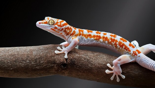 tokay gecko with orange spots climbing on transparent background