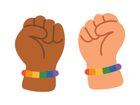 Vector illustration of two raised fists wearing rainbow bracelets, symbolizing unity and support for LGBTQ rights. Each fist skin tone, representing diversity. LGBT gay pride elements.