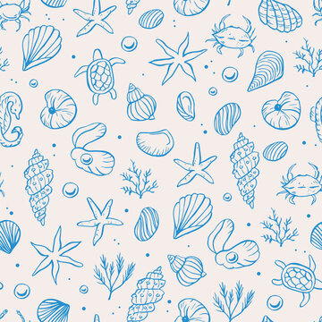 Sea life doodle hand drawn seamless pattern. Ocean life vector illustrations