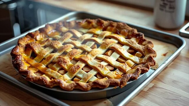 Apple pie on baking sheet pan in the kitchen. Traditional fresh homemade bakery