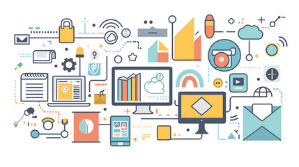 Aerial view of business people around a table with digital display in a modern futuristic room .