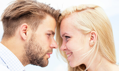 Couple in love looking at each other. Portrait of lovers sharing tenderness. Loving couple. Tenderness in a couples face. Romantic couple enjoying their love. Portrait of a romantic couple. Lovers