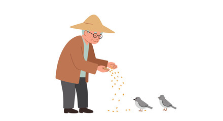 Senior man feeding birds with care in a simple background  