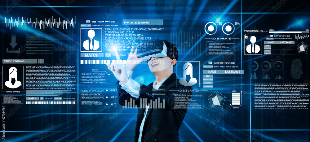 Poster smart business man connecting at global network by using vr glasses. project manager accessing big d