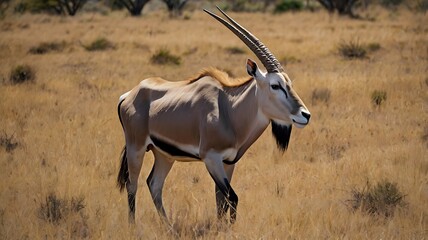 Majestic gemsbok antelope walking gracefully through the dry african savanna landscape