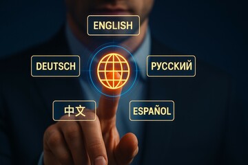 Male pointing at digital globe with multiple language options displayed