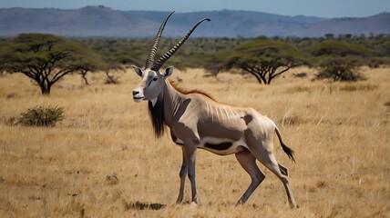 Beautiful scimitar horned oryx antelope standing in the african savannah landscape