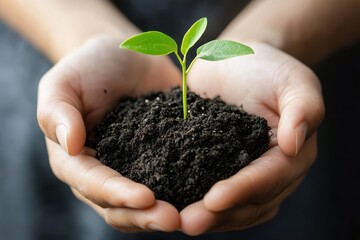 A small sprout held in cupped hands, representing new beginnings and growth.  The nurturing of life, a tiny plant in soil, signifies hope and the cycle of nature