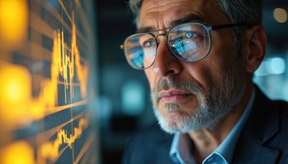 Middle-aged financial trader inspects market charts reflected in glasses. Man works with trading, stock, finance, investment, market, financial data. Broker, analyst, expert looking for solutions.