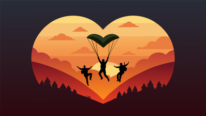 Fototapeta premium As the sun sets a group of skydivers form a recordbreaking heart shape in the sky silhouetted against the fiery backdrop.. Vector illustration