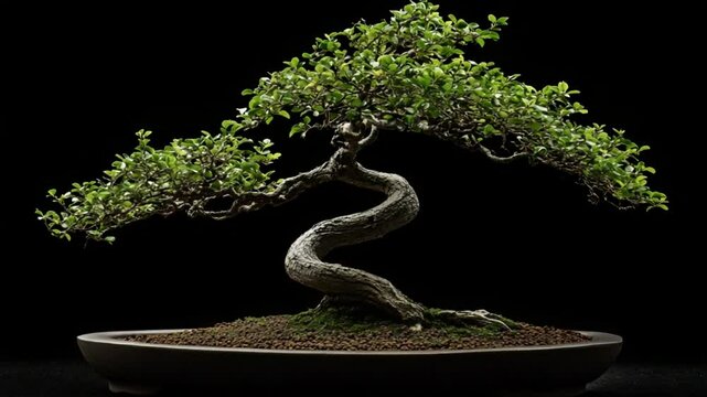 Elegant bonsai tree displaying artistic shape and meticulous care on a black background