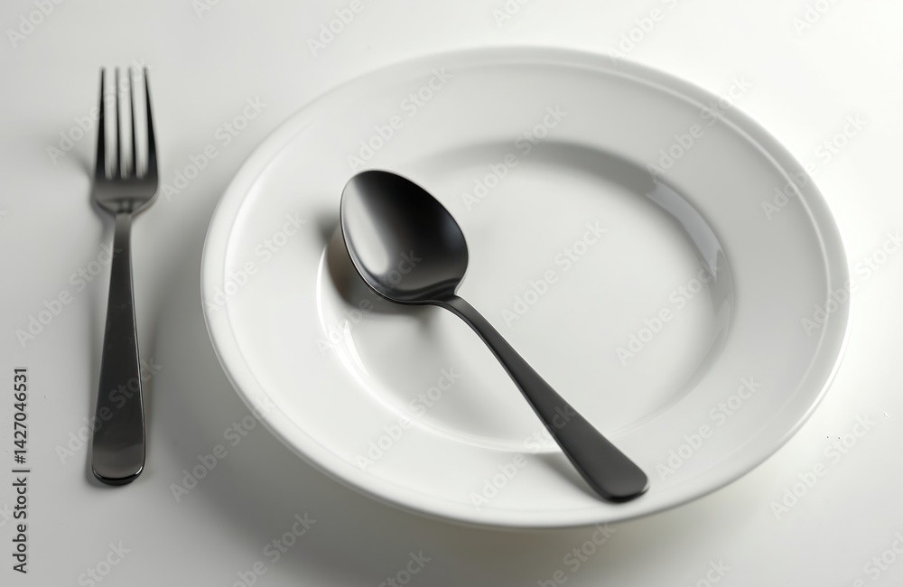 Poster white empty plate with spoon, fork on white background. clean dining table setup, top view. kitchen,