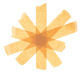 Pieces or strips of ripped yellow adhesive paper masking tape, isolated on a white background.