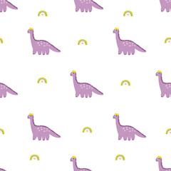 dinosaur girl in yellow bow seamless pattern with rainbow elements, kids fabric and textile texture, nursery decoration, accessories.