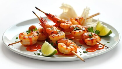Grilled seafood skewers with shrimp, garnished with herbs. Restaurant gourmet dish with lime slices on plate, minimalistic style. Culinary art photo for menu design, food blog articles.