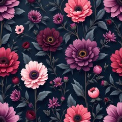 Illustration of colorful flowers, detailed floral pattern. Blooming flowers, leaves on dark background. Seamless repeating design. Floral wallpaper, textile design, fabric print. Botanical design for
