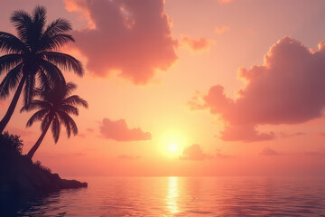 Stunning Twilight Scene: Peach & Lavender Sky, Golden Ambiance, Palm Trees Silhouetted Against Distant Islands