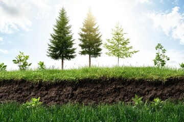 Obraz premium Growth stages of trees in soil environment with green grass and blue sky