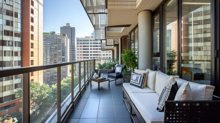 A modern balcony with city view featuring a sofa, chair, table, and plants on a sunny day outside .