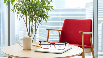 Fototapeta premium Modern Office Workspace With Red Chair And City View