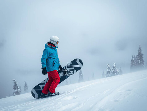a snowboarder standing on a snowy mountain slope