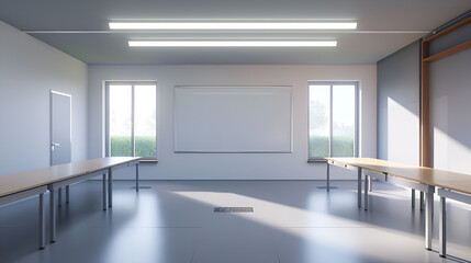 Fototapeta premium A classroom interior with tables, windows, whiteboard and a door in a bright and airy space .