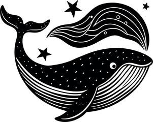 Whale In Muted Ocean Blue With Vintage Waves And S