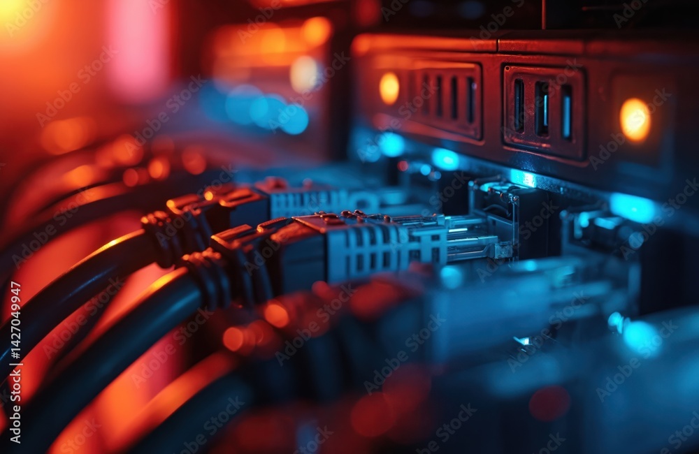 Poster network cables connect server data center at night. digital communication, modern information tech, 