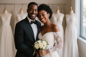 Joyful couple in wedding attire