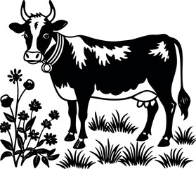 Cow With Bell And Wildflowers In A Countryside Fie