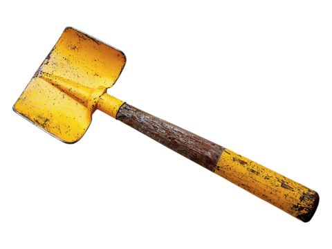 A weathered, yellow garden trowel with a rustic wooden handle.  Its worn paint and aged wood evoke a sense of nostalgia and hardworking charm.