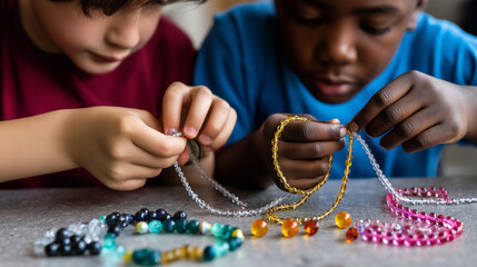 Kids making colorful friendship bracelets for charity