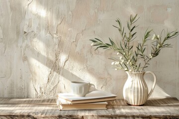 Neutral Mediterranean home design. Textured vase with olive tree branches, cup of coffee. Books on wooden table
